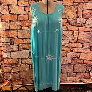 Expressions gauzy aqua pullover swim cover up with white embroidered flowers 3X